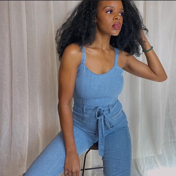 Rewash 100% Cotton Jumpsuit M Chambray Blue Wide Leg Belted Coastal Cowgirl - Picture 1 of 16